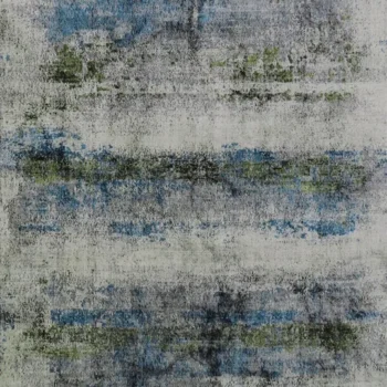 Aqua Mist rug featuring an abstract design with horizontal bands of blue, green, and grey on a cream background. The colours are blended and textured, giving the rug a modern and artistic appearance.