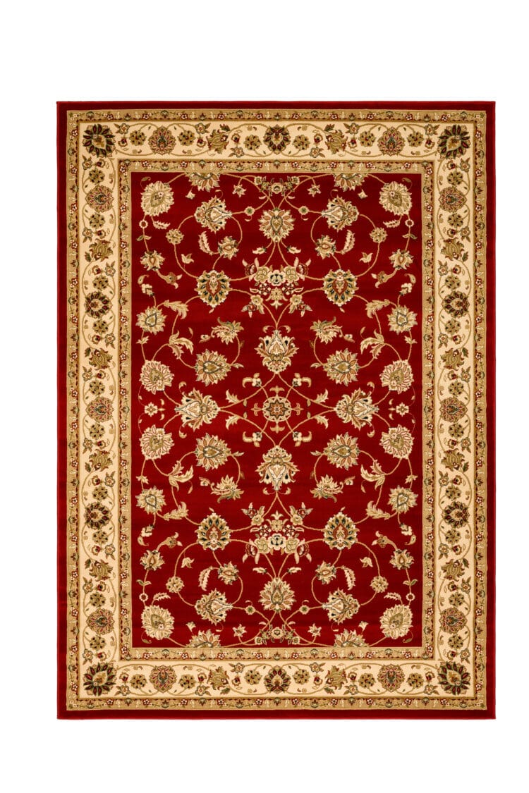 Burgundy Royalty rug with red background decorated with gold and cream floral patterns. It has a wide cream border with matching floral designs