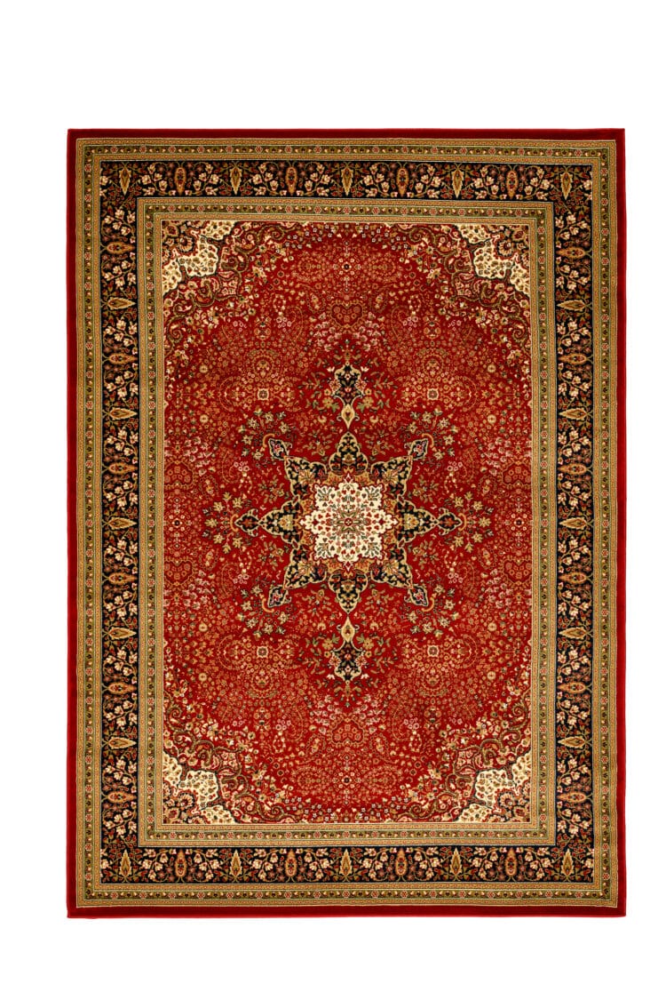Ruby Starlight Runner Burgundy Medallion rug a red rug with a large star-like pattern in the centre. The border is decorated with intricate floral designs in gold and black