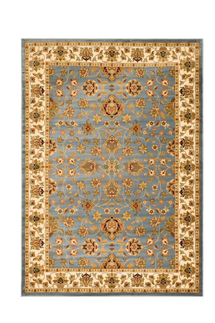 Aqua & Ivory Splendor Rug with a detailed floral pattern in shades of gold, red, and green on a light blue background. The rug is bordered by a wide cream-coloured band