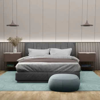 Maldives Mirage Rug Blue custom size rug with swirl pattern and overlocked edges in bedroom