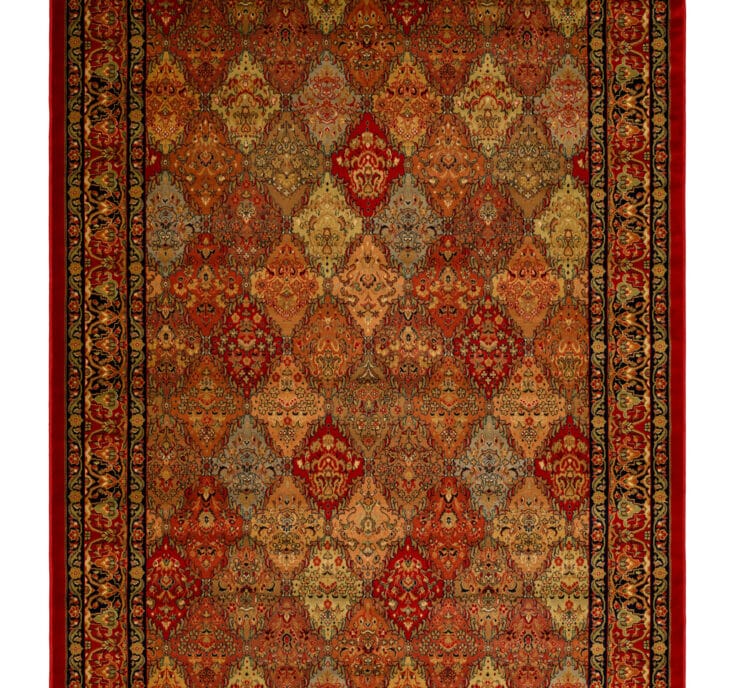 Amber Mosaic Carpet Runner with a red background and intricate patterns in gold and green. It has a detailed border surrounding a central area with repeating diamond shapes
