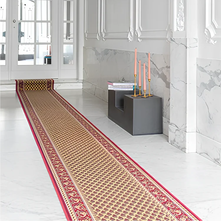 Red Sahara Scroll Runner down white hallway