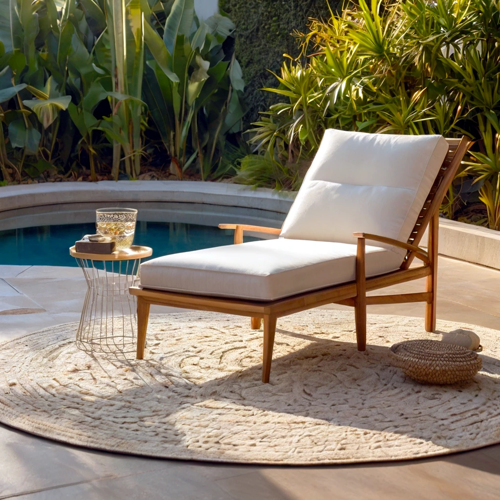 Lounge by the pool on a round outdoor rug