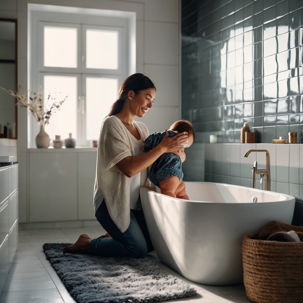 woman about to give a baby a bath